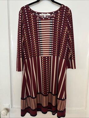 Max Studio Maroon & Cream Mixed-Pattern Long Sleeve A-Line Dress